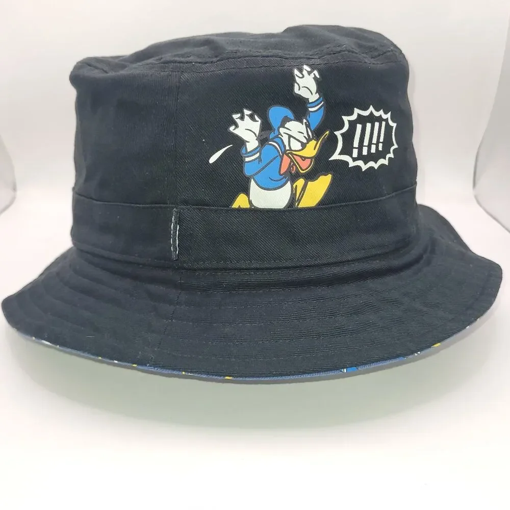 Vans Disney Donald Duck Reversible Bucket Hat Mens Blue Black Cartoon Print EUC